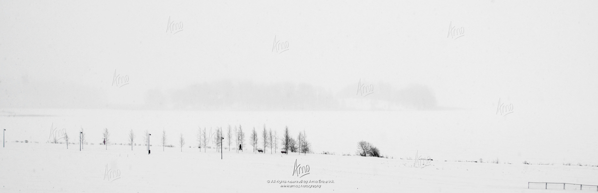 Two people challenging a snow storm along the beach of Vanhakaupunkilahti in Helsinki, Finland