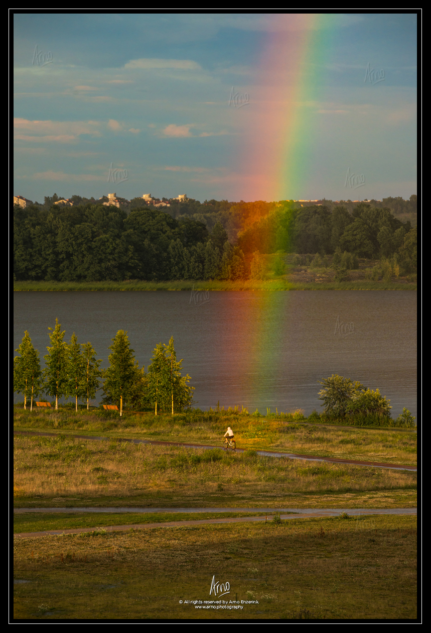biker, cyclist, rainbow, gold, landscape, photography