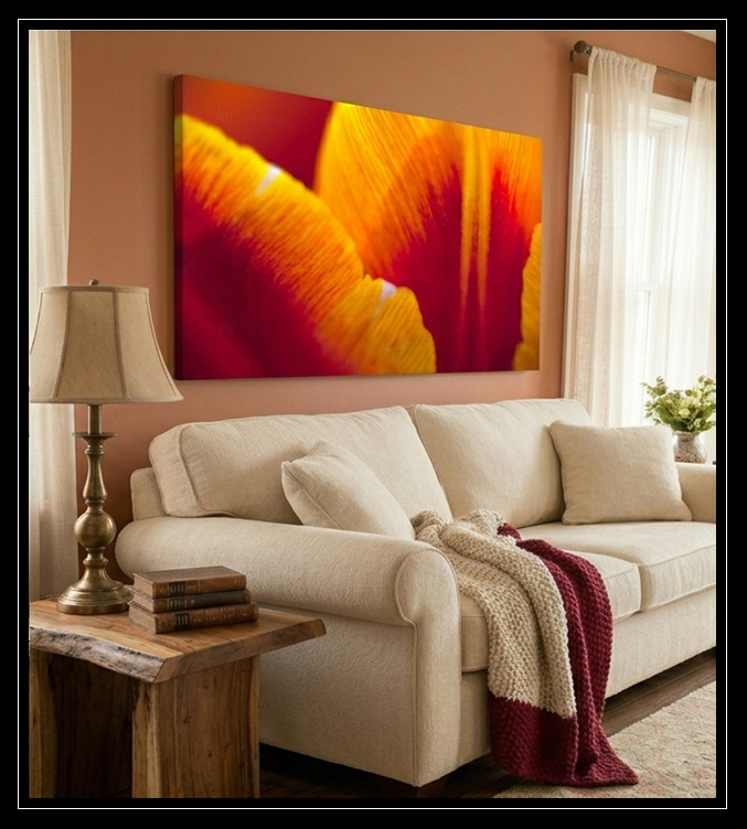 Tulip canvas on wall above sofa